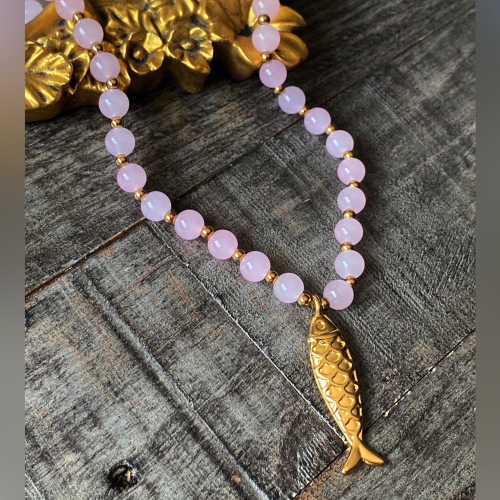 NEW Pink Quartz & Gold Sardine Fish Pendant Necklace